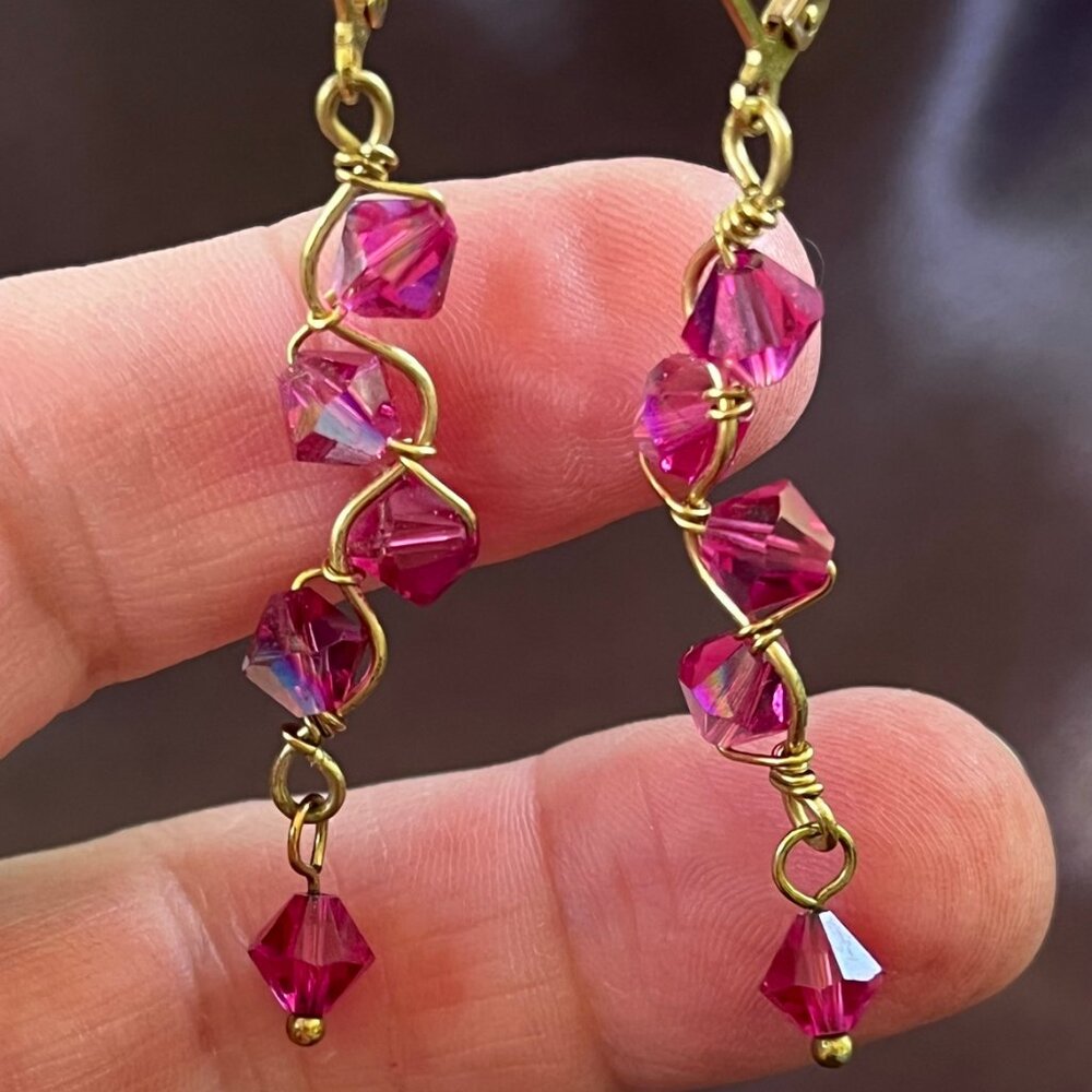 Fuchsia Pink Swarovski Crystal Golden Wire Wrap Dangle Earrings - Picture 4 of 4